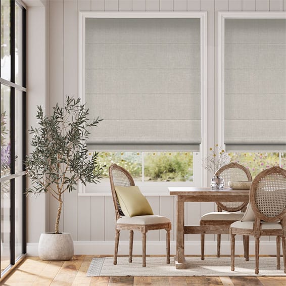 ビジュリネン グレーウォッシュ＆マスタード ポンポントリム ローマンシェード