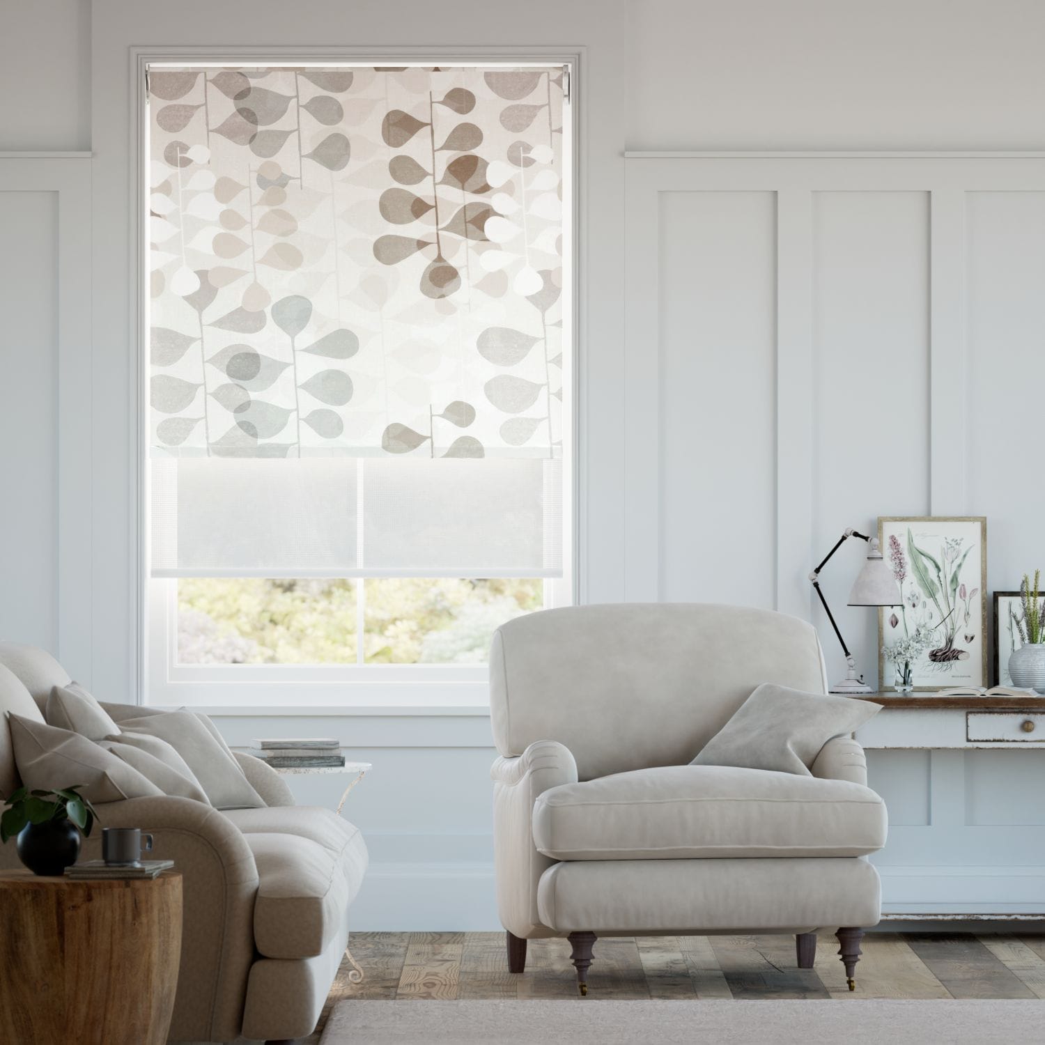 ブルーミングメドウ 遮光リネンニュートラル&ホワイト ダブルロールスクリーン