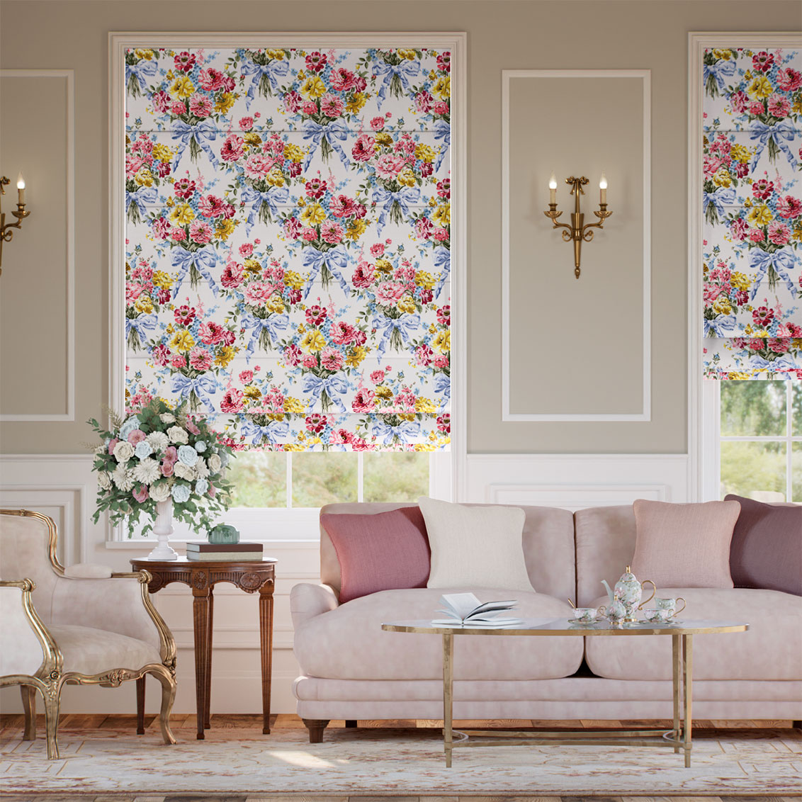 ボウ・ブーケ シルク調 クリーム ローマンシェード