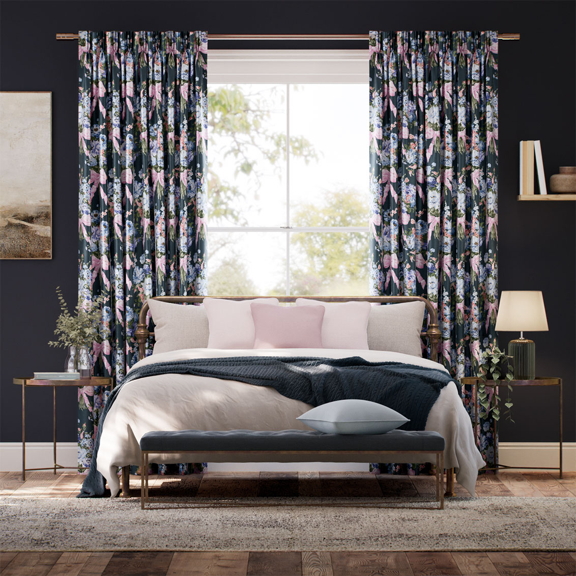 ボウ・ブーケ シルク調 ネイビー カーテン