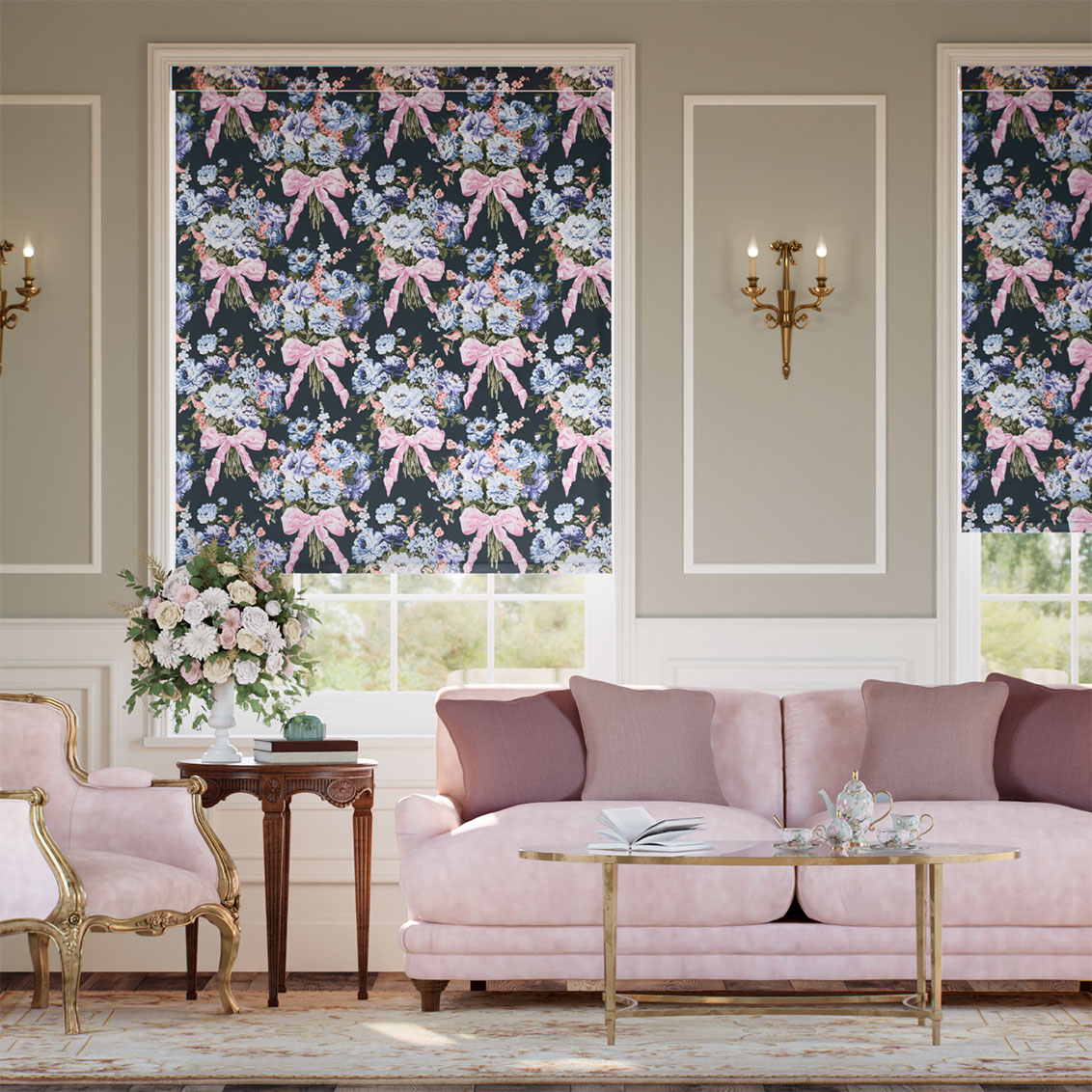 ボウ・ブーケ シルク調 ネイビー ロールスクリーン