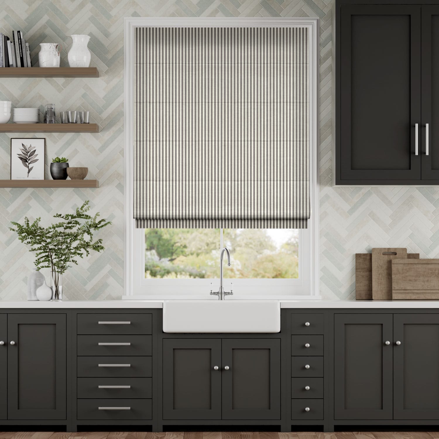 キャンディストライプ　ピューター ローマンシェード