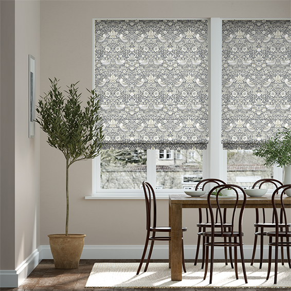 【カーテンレール可】ウィリアムモリス　いちご泥棒　マナーグレー ローマンシェード