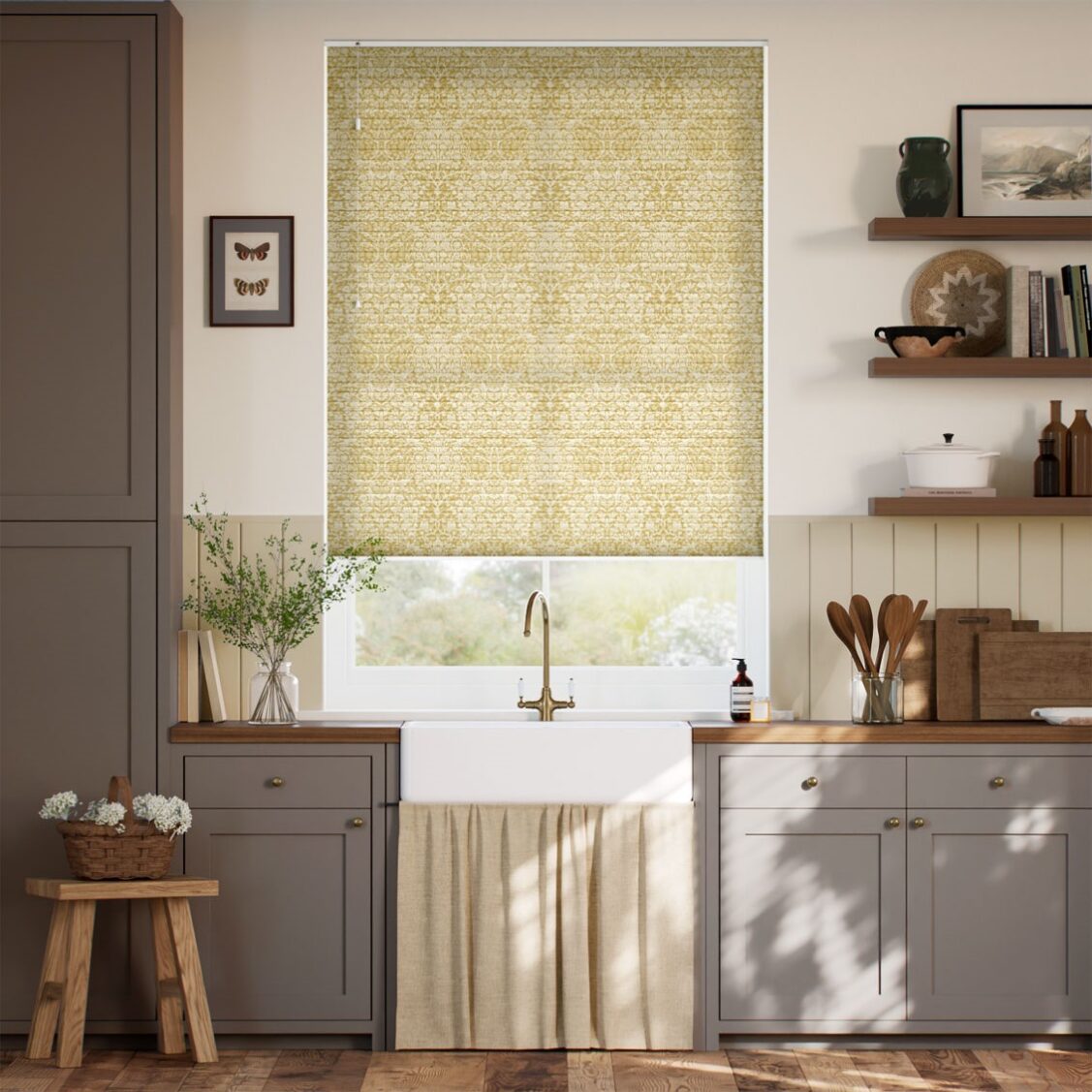 【カーテンレール可】採光ハニカム ウィリアムモリス ブラックソーン サフラン シェード