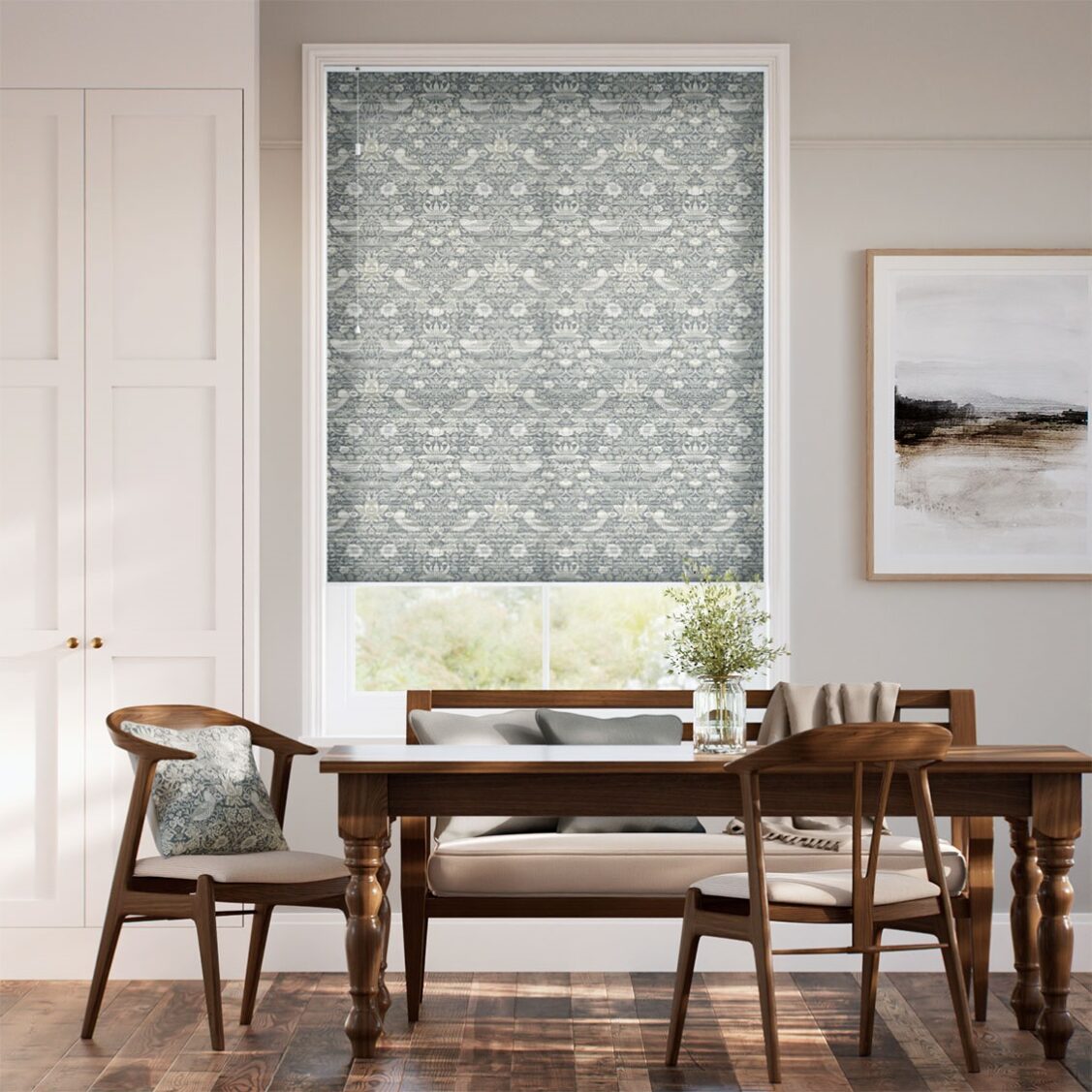 【カーテンレール可】採光ハニカム ウィリアムモリス いちご泥棒 マナーグレー シェード