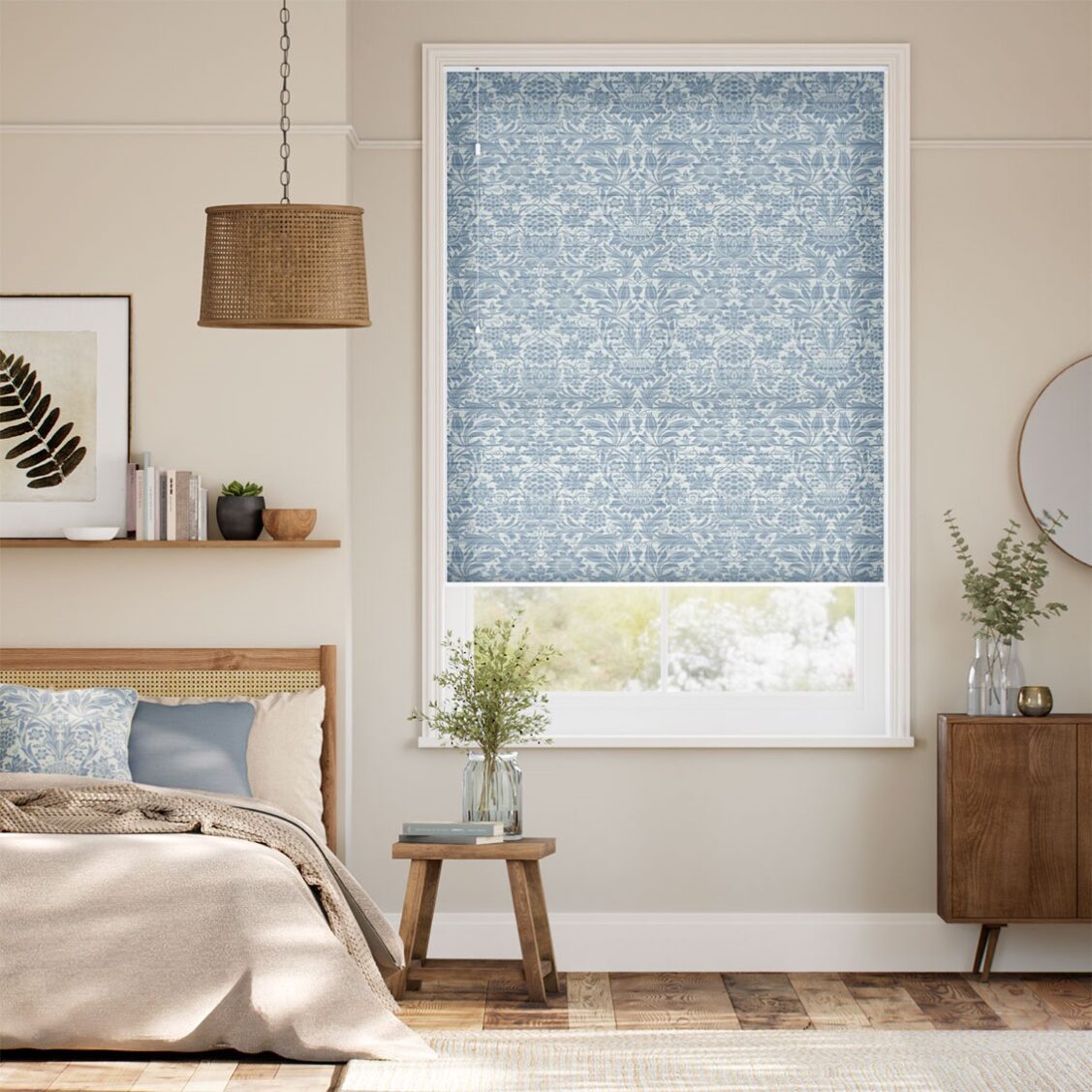 【カーテンレール可】採光ハニカム ウィリアムモリス サンフラワー ビンテージブルー シェード