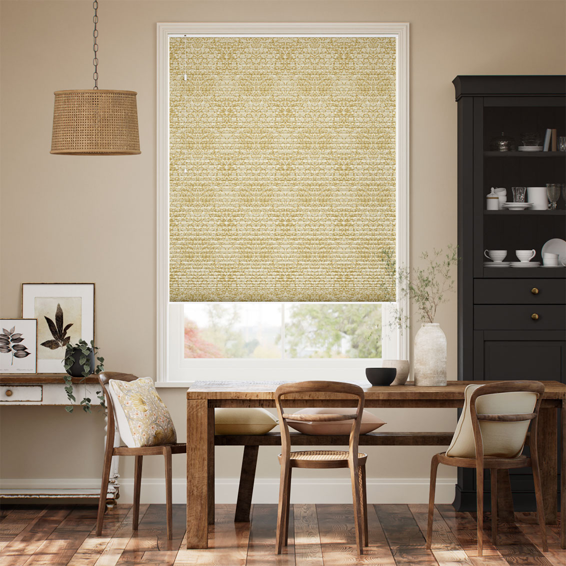 【カーテンレール可】遮光ハニカム ウィリアムモリス ブラックソーン サフラン シェード