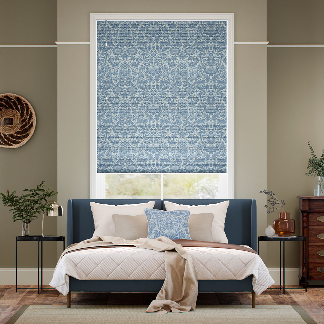 【カーテンレール可】遮光ハニカム ウィリアムモリス サンフラワー ビンテージブルー シェード