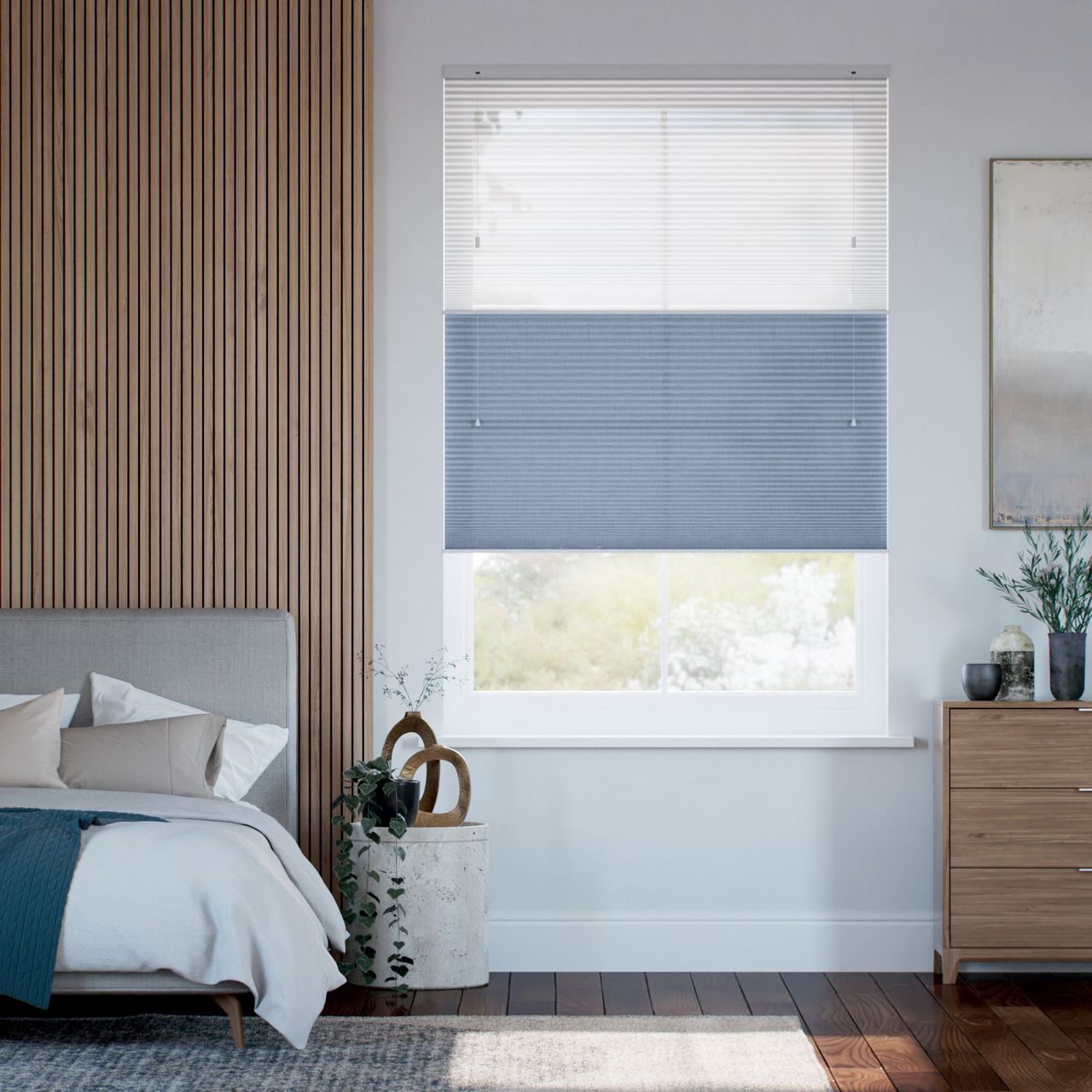 リネンツインハニカム リネンシアークリアホワイト × リネンモダンブルー  ハニカムシェード