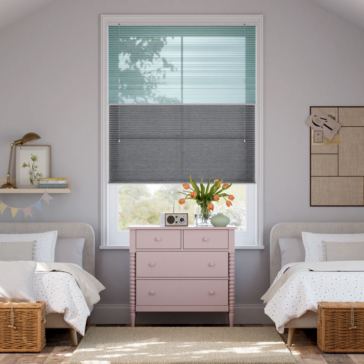 リネンツインハニカム リネンシアーグリーン × リネンチャコールグレー ハニカムシェード