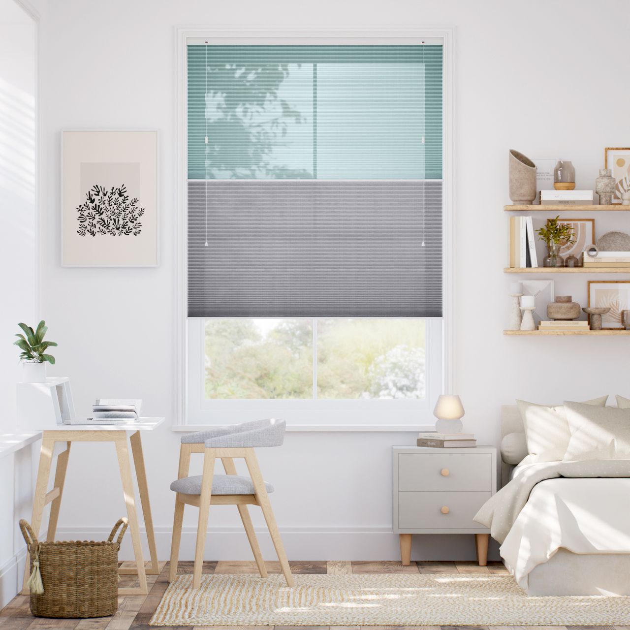 リネンツインハニカム リネンシアーグリーン × リネンモダングレー ハニカムシェード