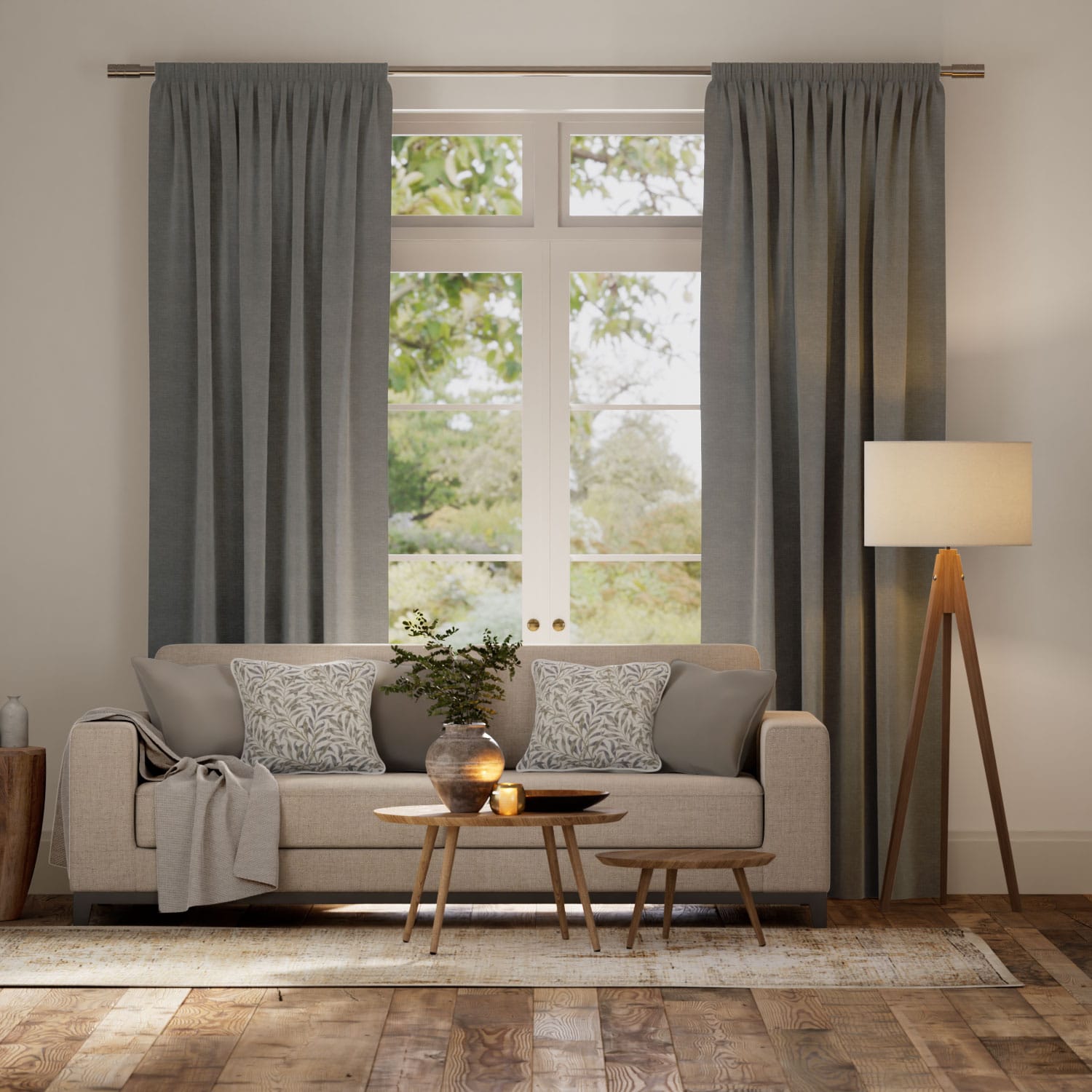 デンバー スレート＆レースホワイト カーテン