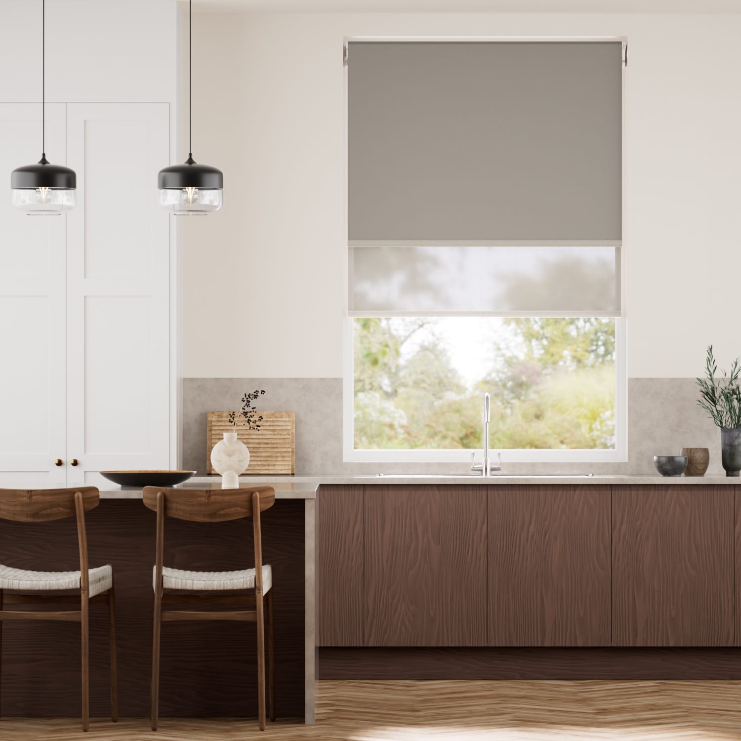 【つっぱり式 電動】遮光ぺブル＆リネン ダブルロールスクリーン