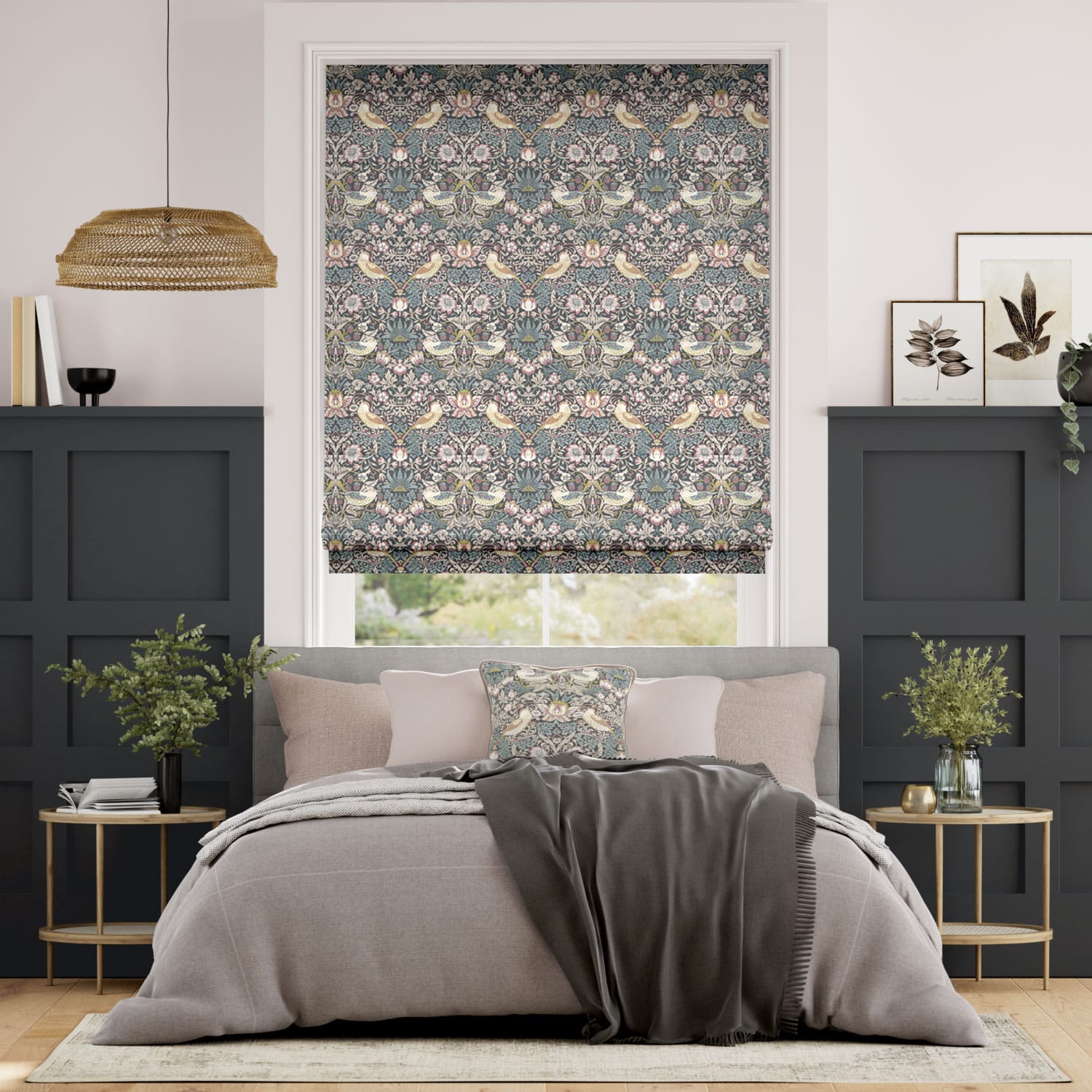 【つっぱり式】ウィリアムモリス　いちご泥棒　ビンテージブラッシュ ローマンシェード