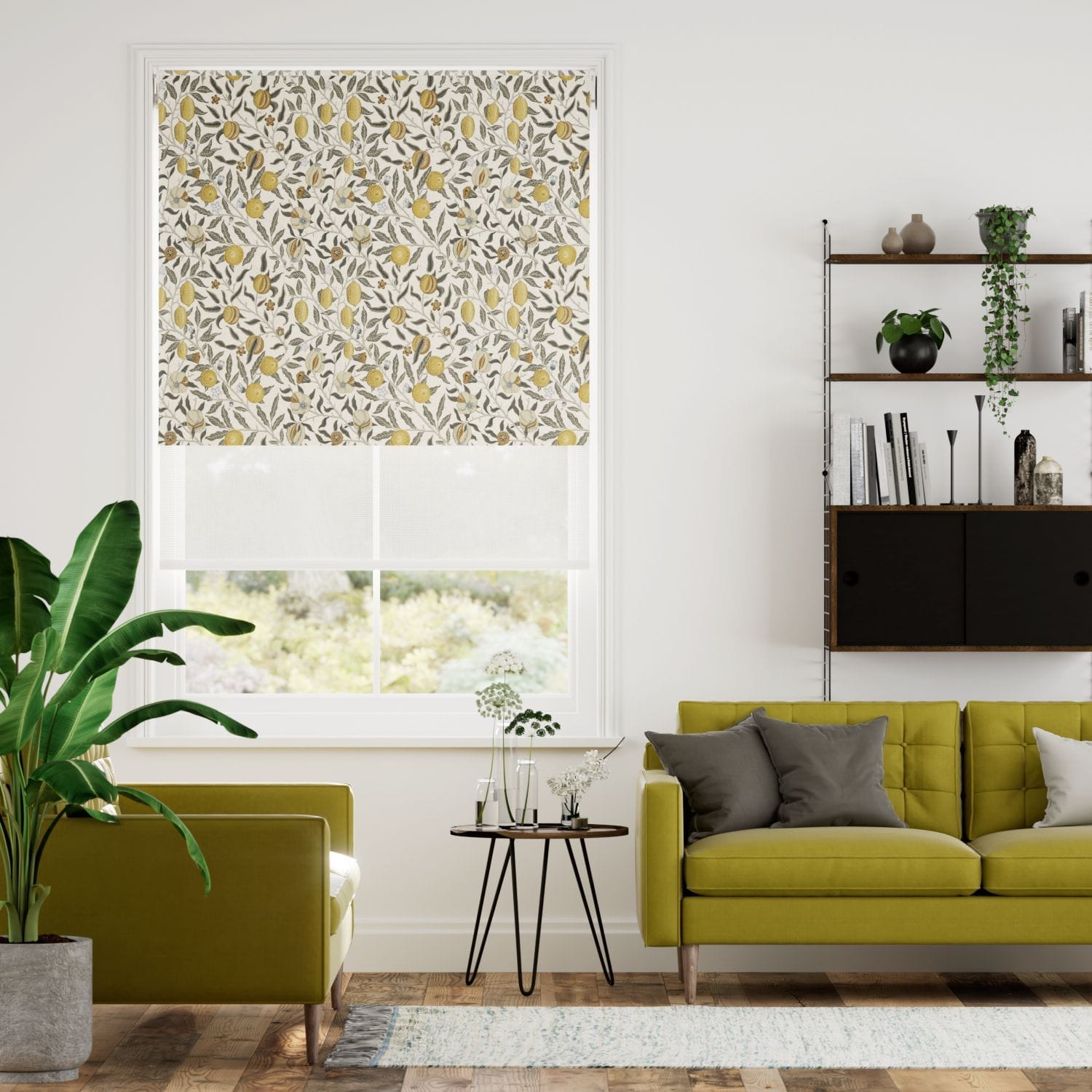 【つっぱり式】ウィリアムモリス  遮光フルーツ プリムローズ＆ホワイト ダブルロールスクリーン