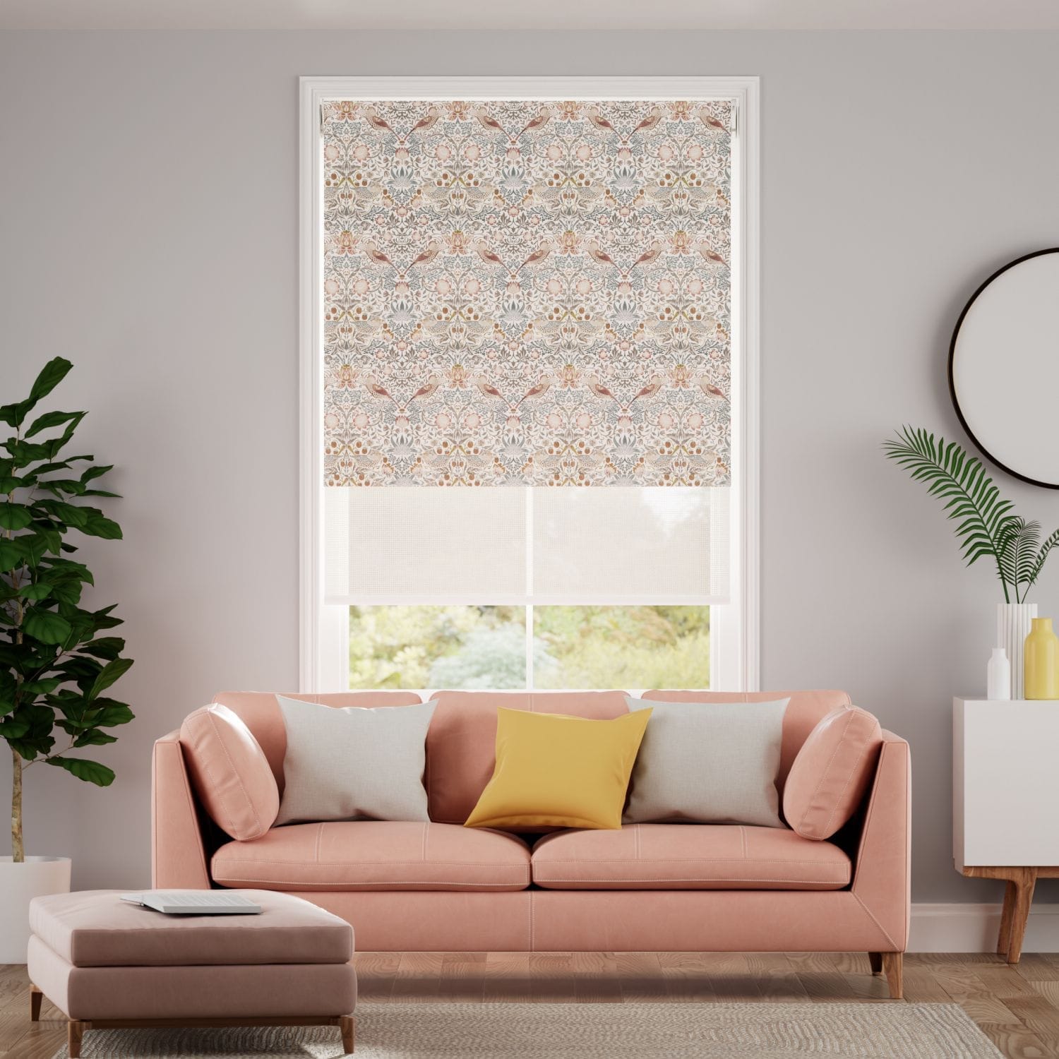 【つっぱり式】ウィリアムモリス 遮光いちご泥棒 ローズチョーク＆ホワイト ダブルロールスクリーン