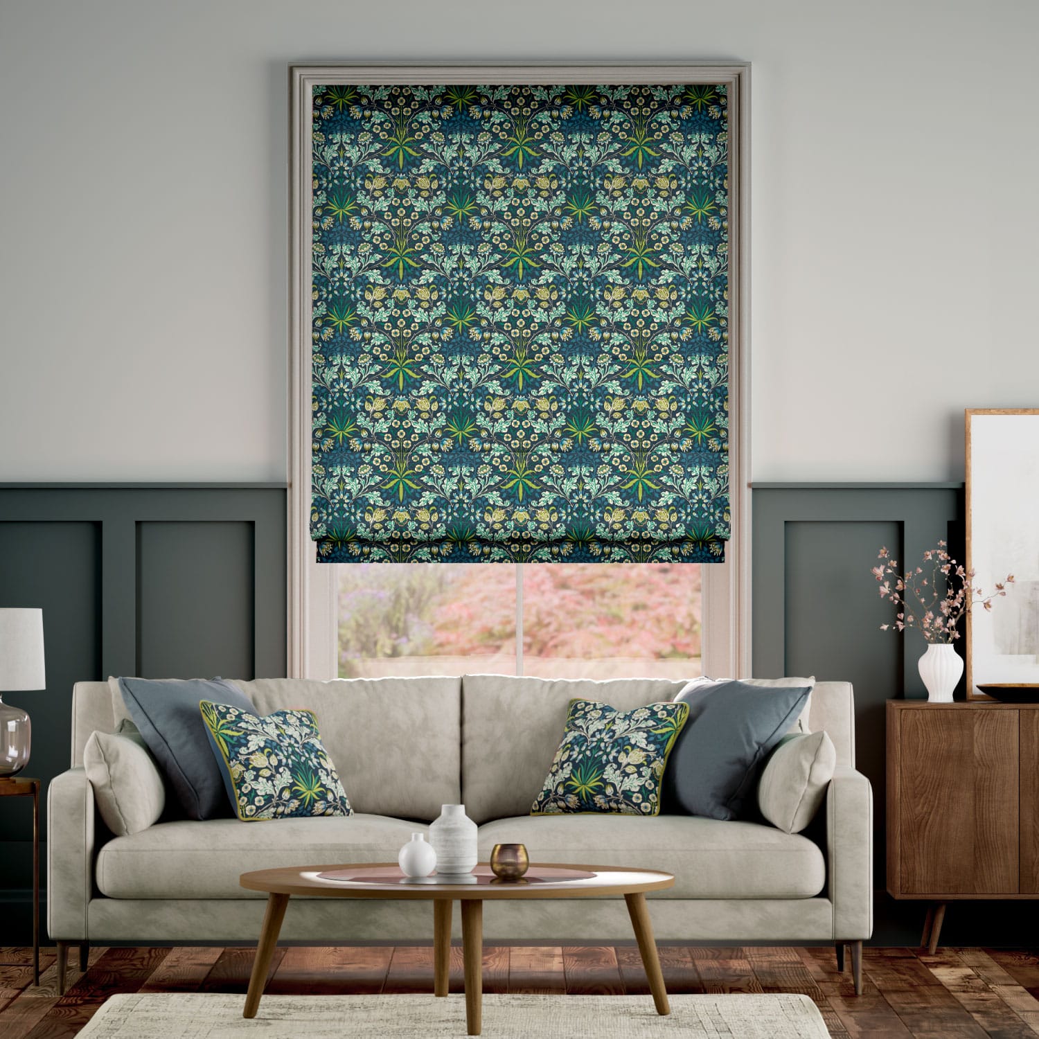 ウィリアムモリス ヒヤシンス エメラルド ローマンシェード