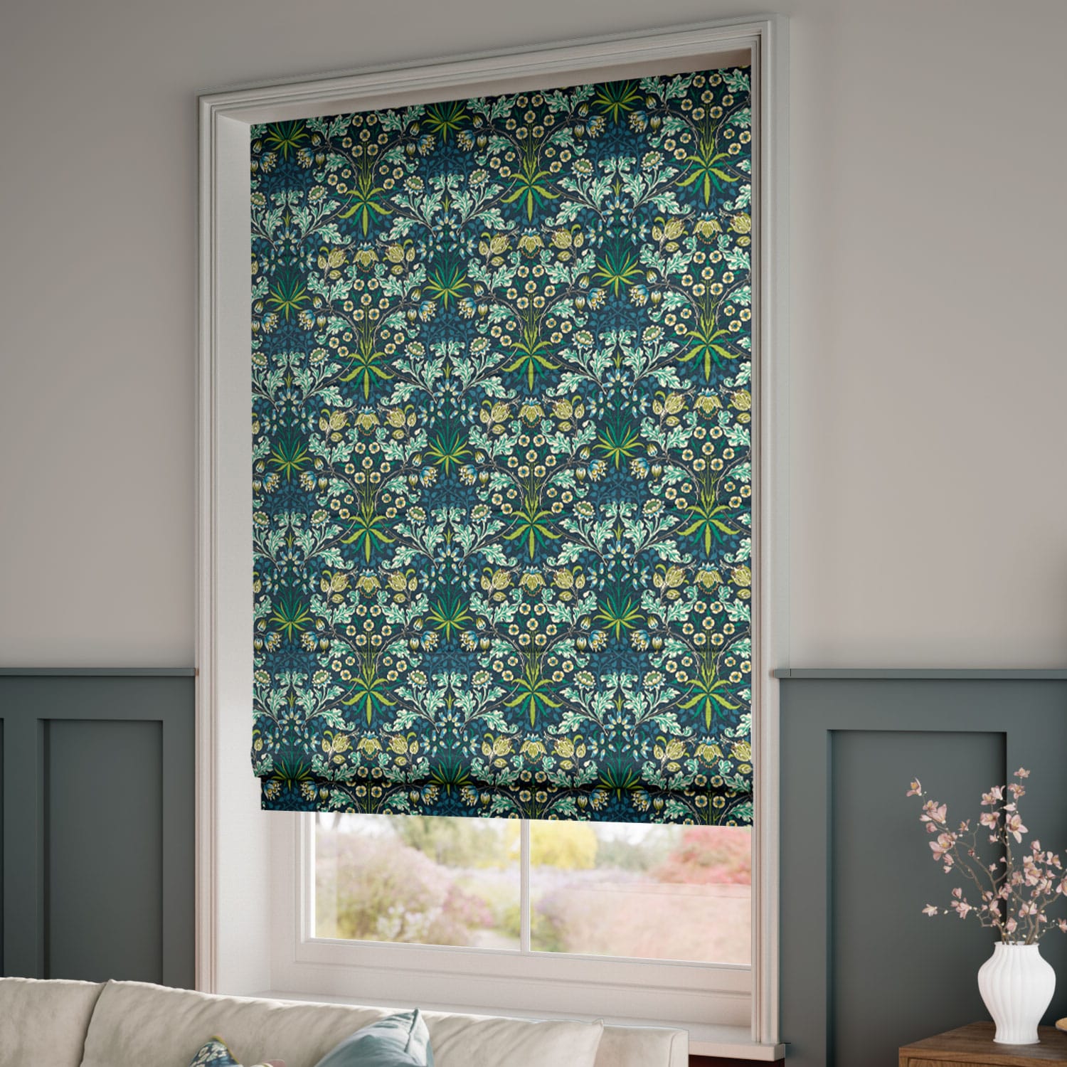 ウィリアムモリス☆クリサンティマム☆高級カーテン＆ローマンシェード 2スタイル ウィリアム・モリス クリサンティマムとイチゴドロボウのカーテン