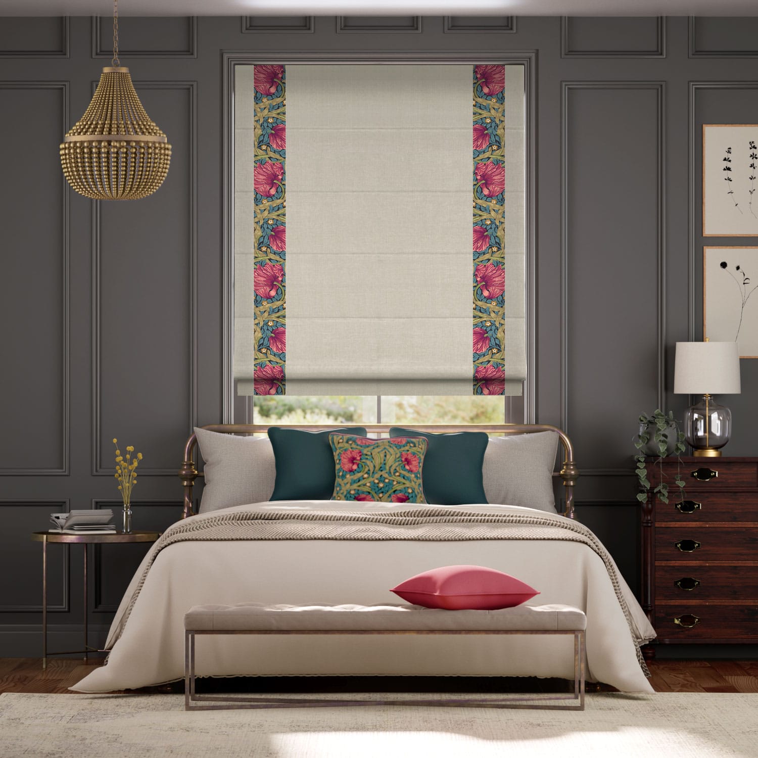 ウィリアムモリス ピンパーネル ティール＆ビジュリネン ラテ ボーダー ローマンシェード