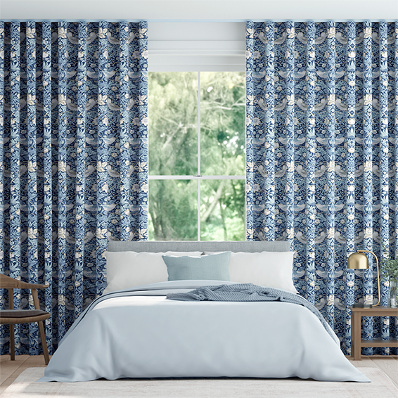 ウェーブ ウィリアムモリス いちご泥棒 インディゴブルー カーテン
