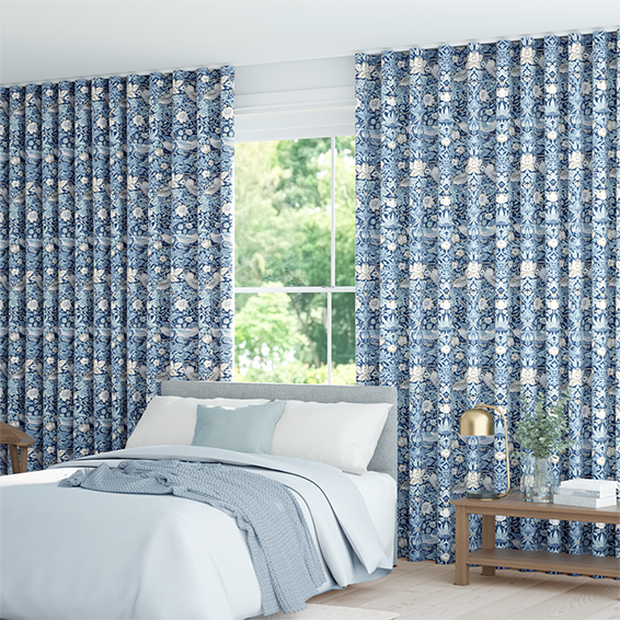 ウェーブ ウィリアムモリス いちご泥棒 インディゴブルー カーテン