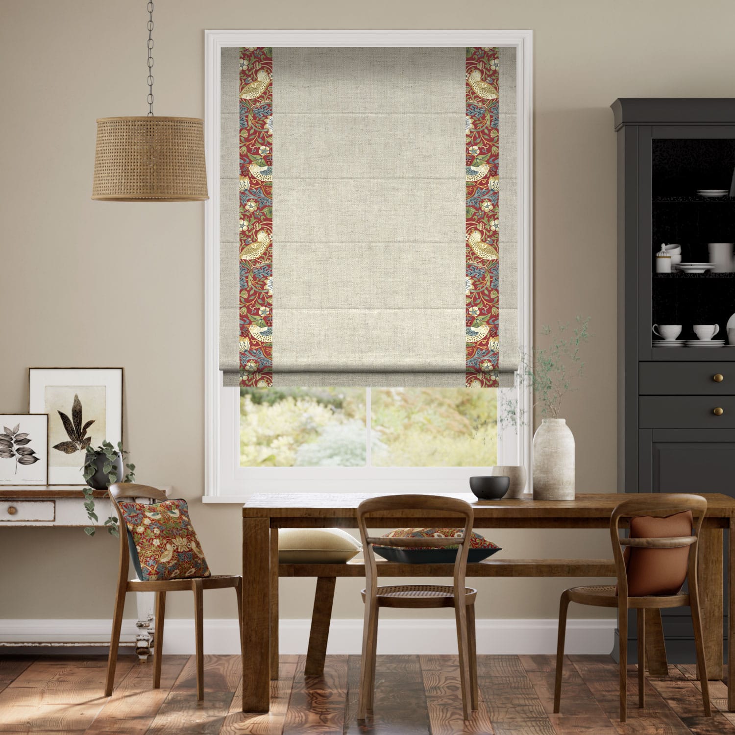 ウィリアムモリス いちご泥棒 ハリッサレッド＆パレオリネン ビンテージクリーム ボーダー ローマンシェード