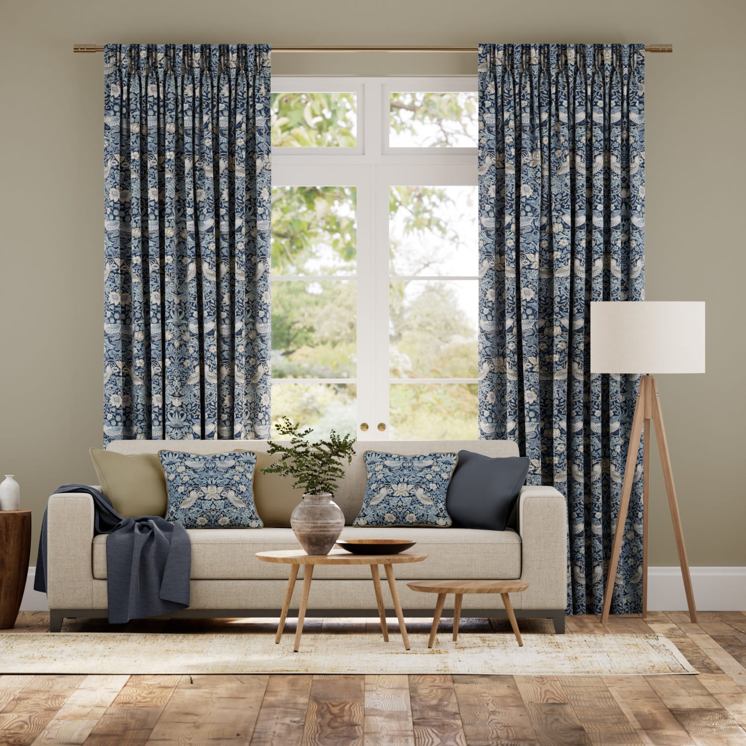 ウィリアムモリス　いちご泥棒　インディゴブルー カーテン