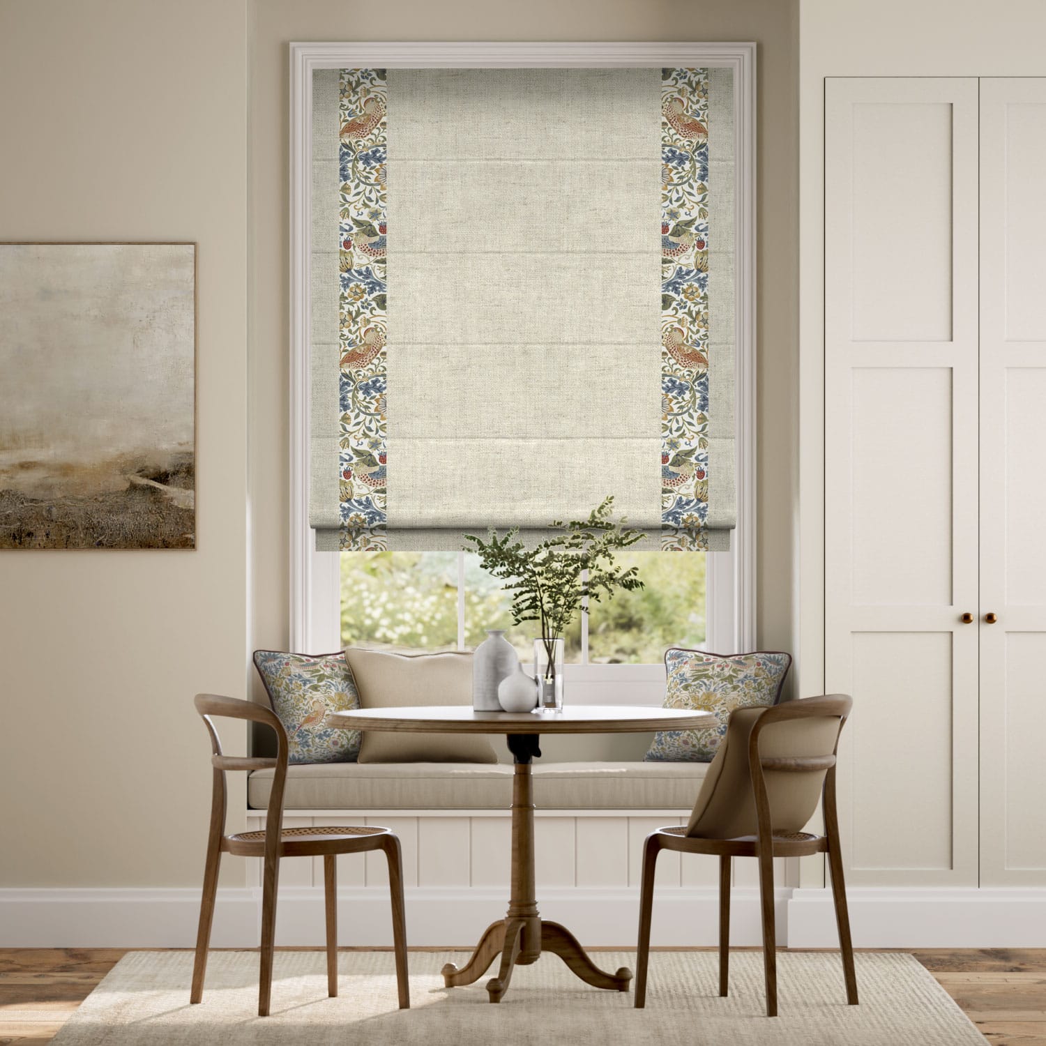 ウィリアムモリス いちご泥棒 ナチュラル＆パレオリネン ビンテージクリーム ボーダー ローマンシェード