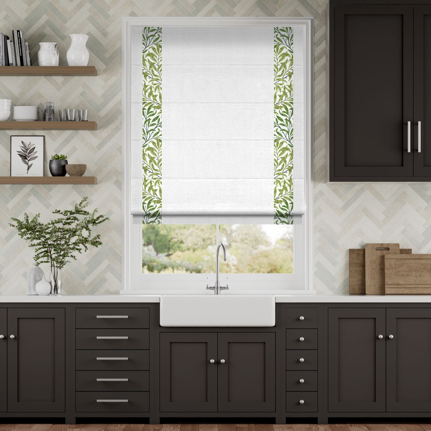 ウィリアムモリス ウイローバウ バイン＆ビジュリネン ホワイト ボーダー ローマンシェード