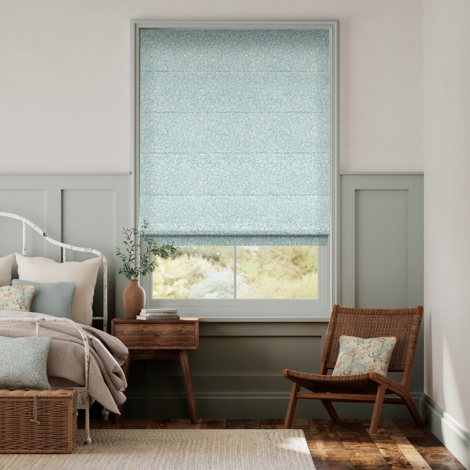 ウィリアムモリス ウイロー ダックエッグ ローマンシェード