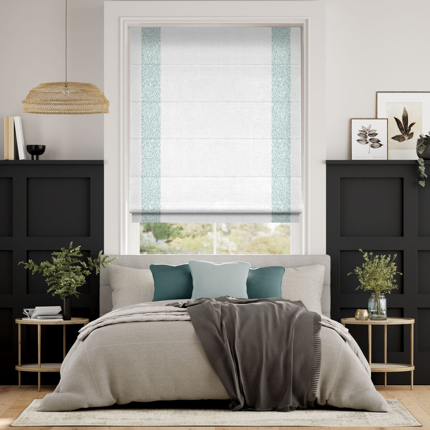 ウィリアムモリス ウイロー ダックエッグ＆ビジュリネン ホワイト ボーダー ローマンシェード