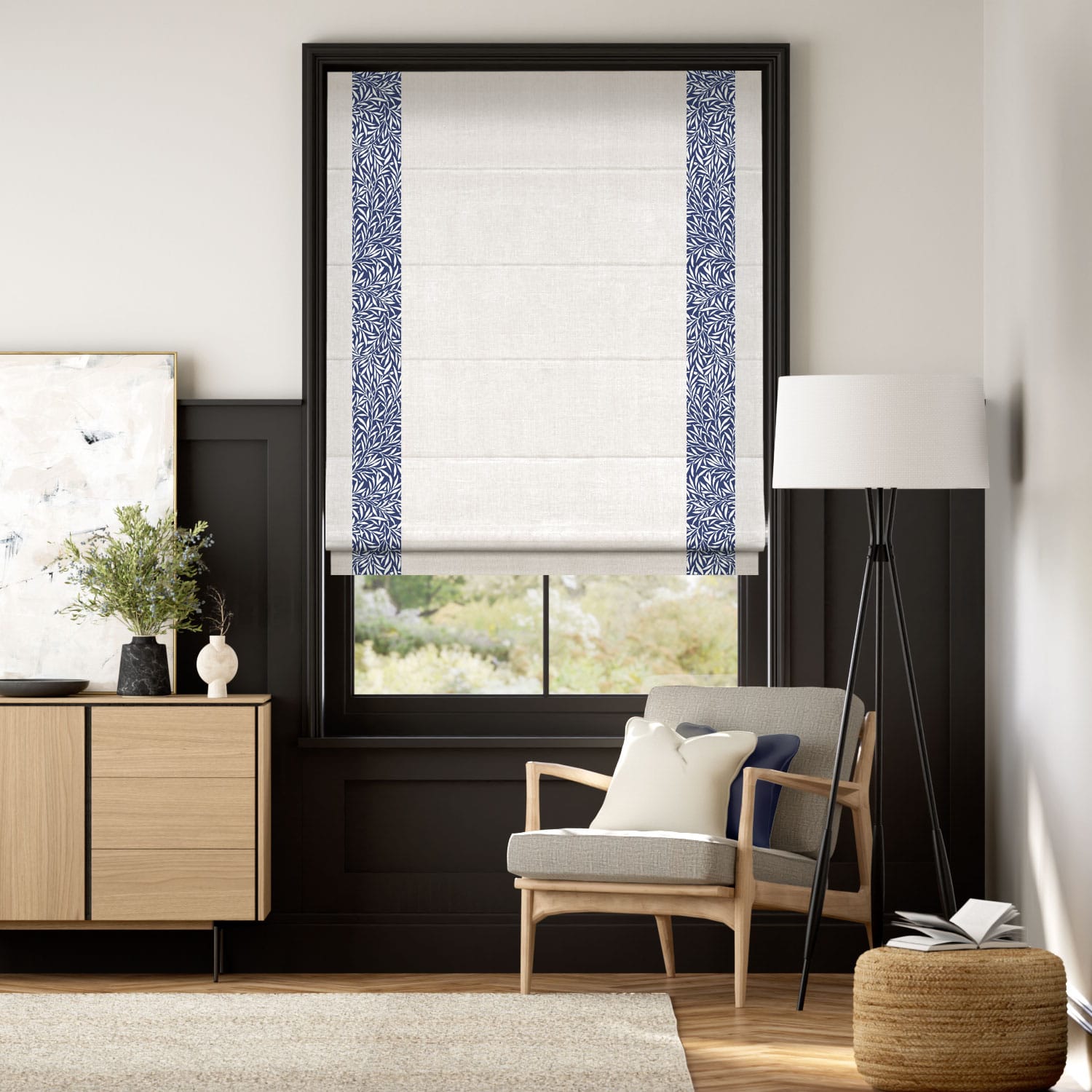 ウィリアムモリス ウイロー インク＆ビジュリネン アラバスター ボーダー ローマンシェード