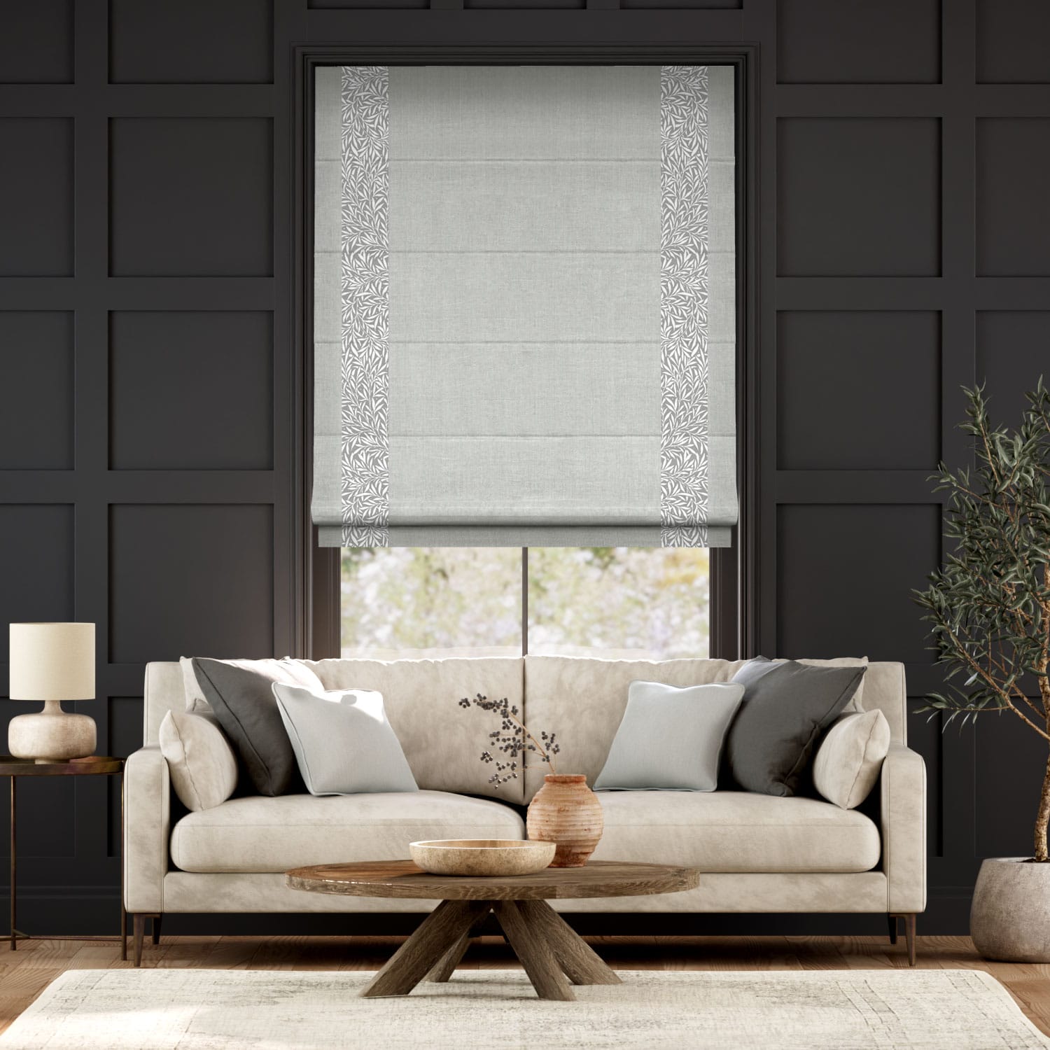 ウィリアムモリス ウイロー スティープルグレー＆ビジュリネン ダヴグレー ボーダー ローマンシェード