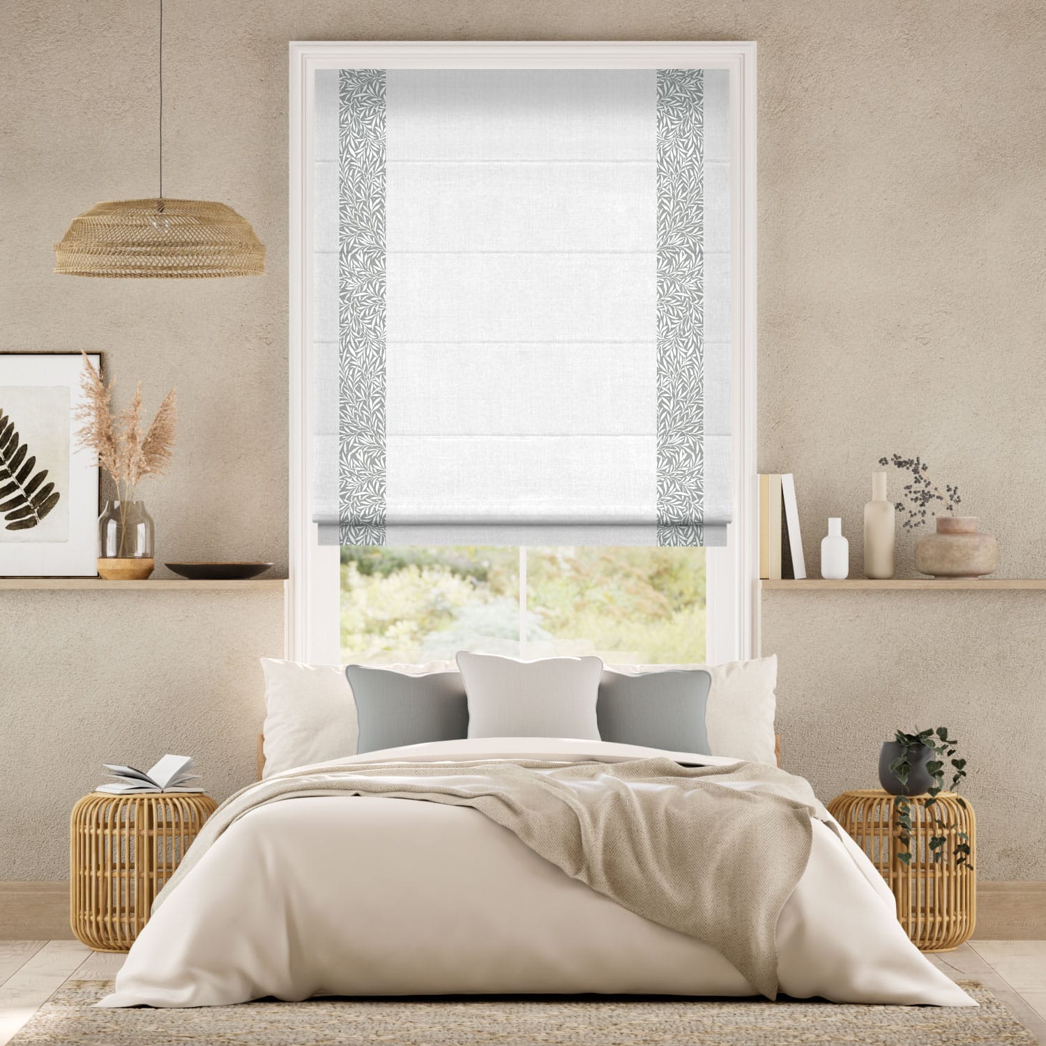 ウィリアムモリス ウイロー スティープルグレー＆ビジュリネン ホワイト ボーダー ローマンシェード